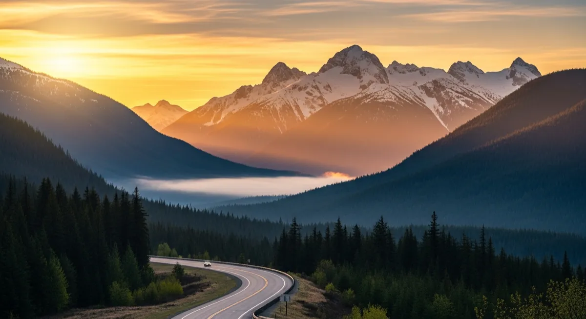 Carretera serpenteando hacia las Rocosas canadienses al amanecer